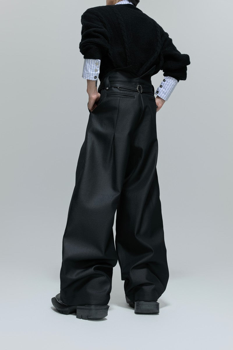 Glossy Pleated Straight Leg Trousers