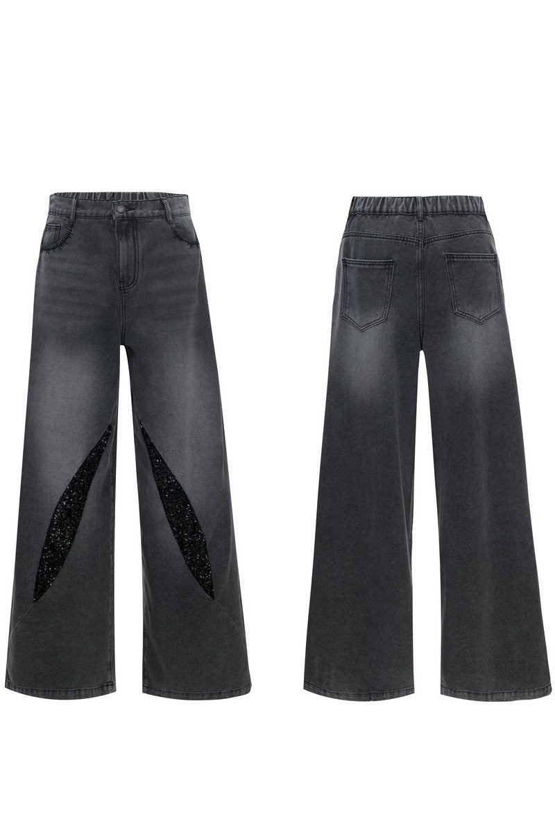 Washed Sequin Straight Jeans