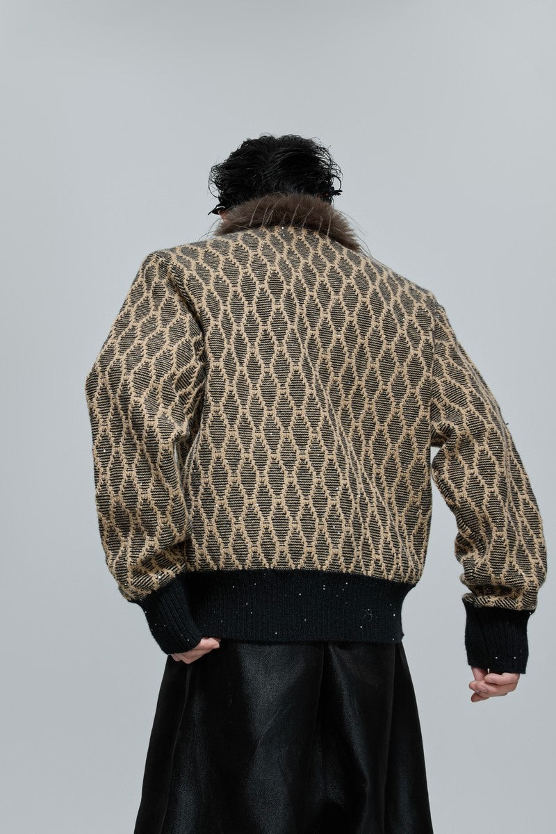 Sequin Knit Cardigan with Fur Collar