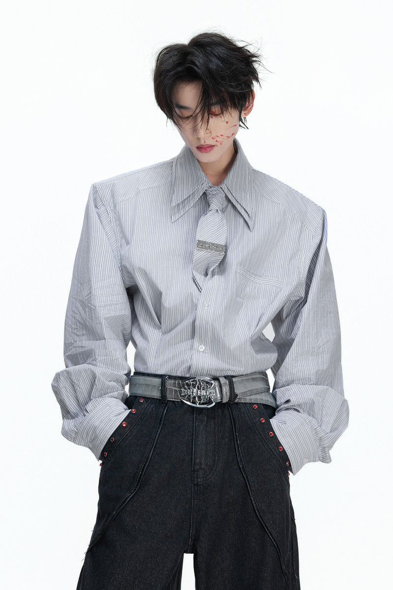 Striped Shoulder Pad Tie Shirt