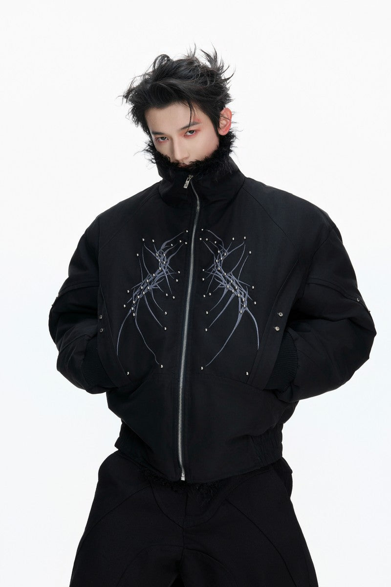 Embroidered Studded Fleece Puffer Jacket