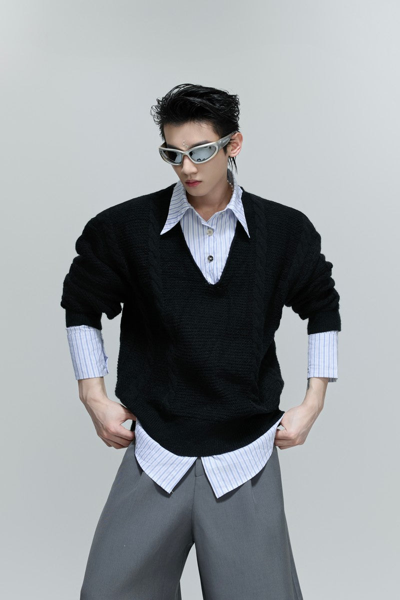 Layered V-Neck Cable Knit Sweater