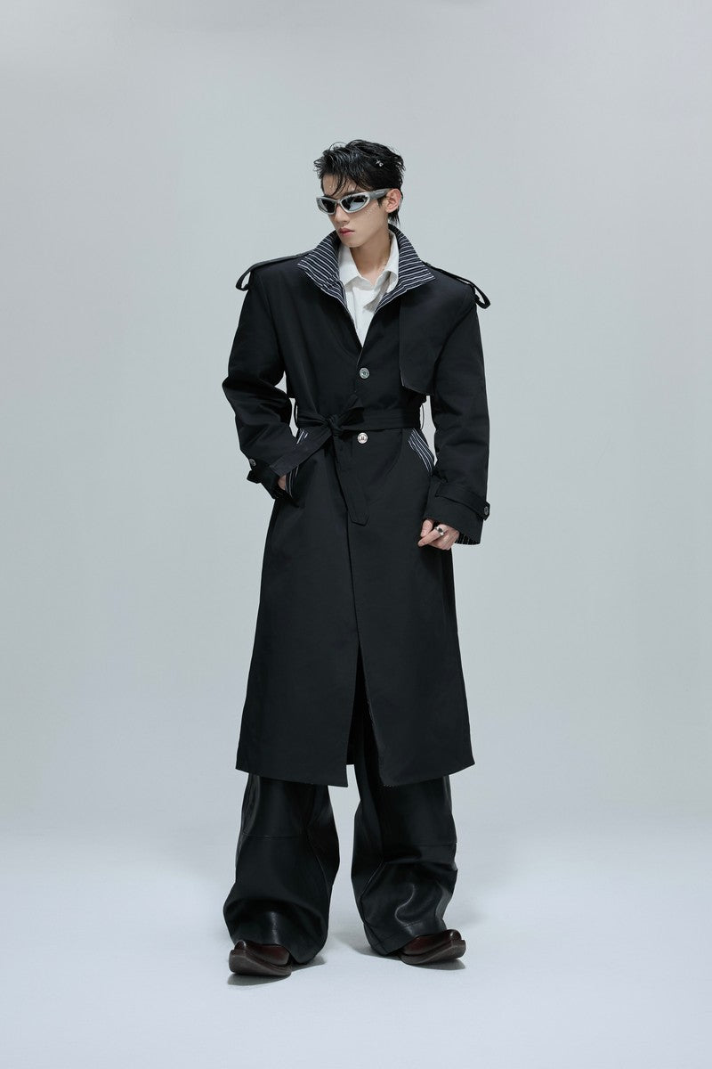 Striped Stand Collar Long Trench