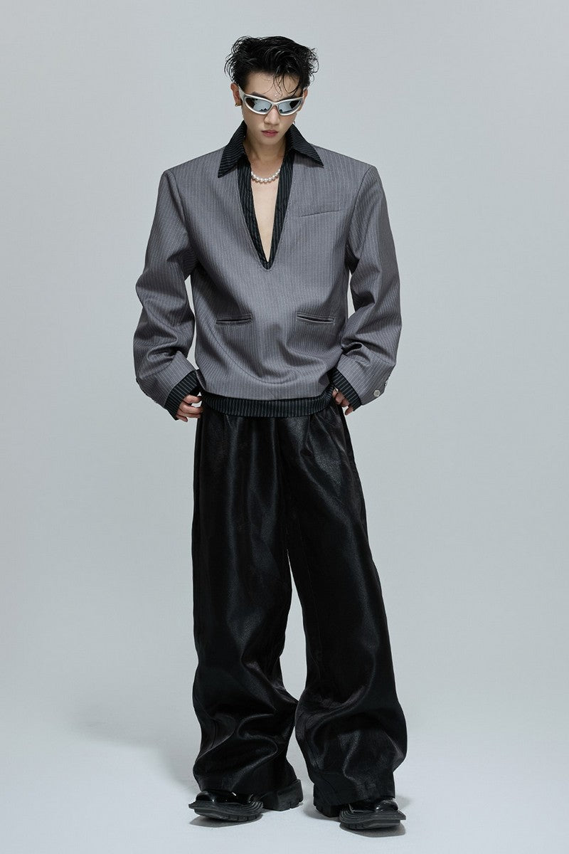 Striped V-Neck Padded Blazer