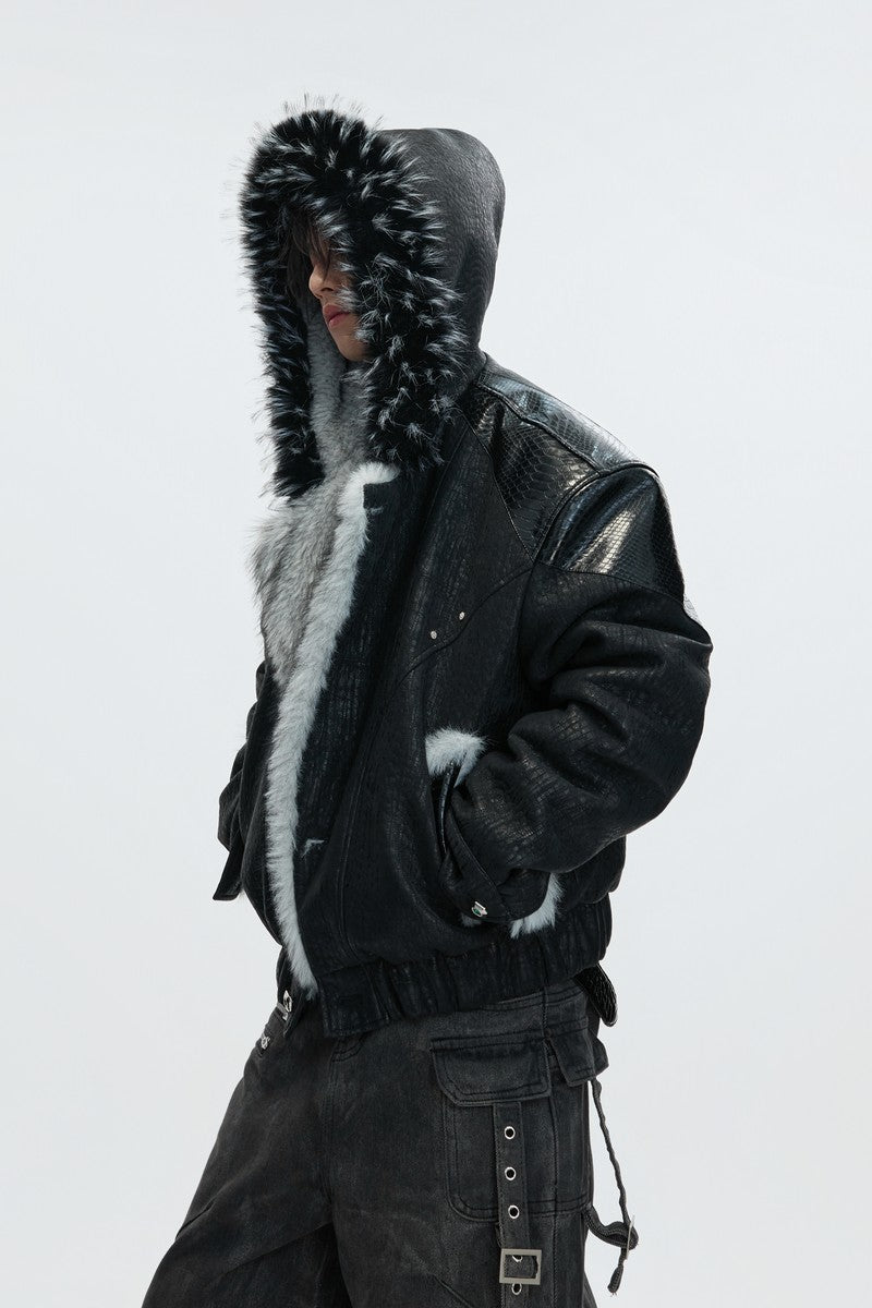 Marble Faux Wolf Fur Puffer Jacket