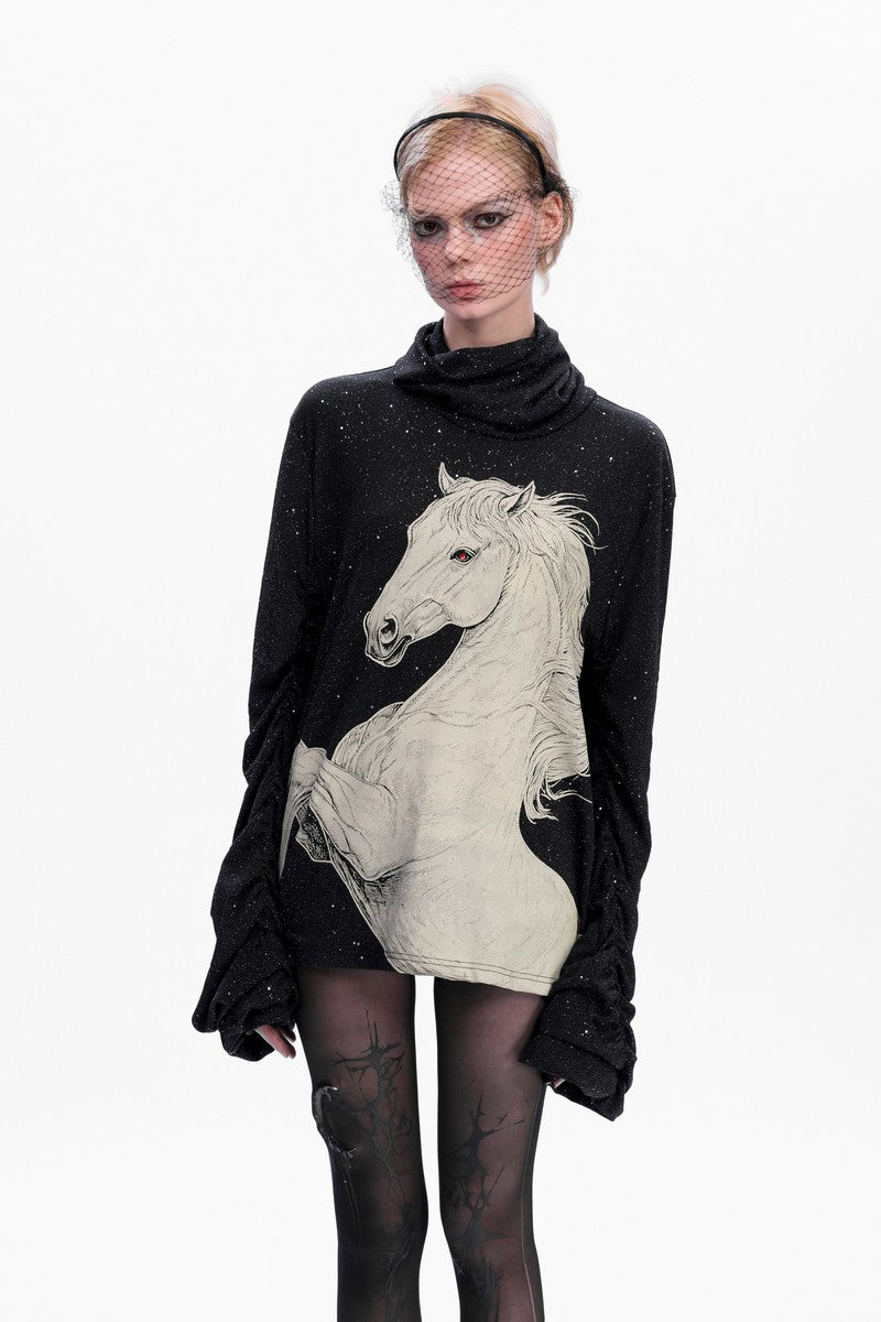 Sequin Horse Print High Neck Sweater