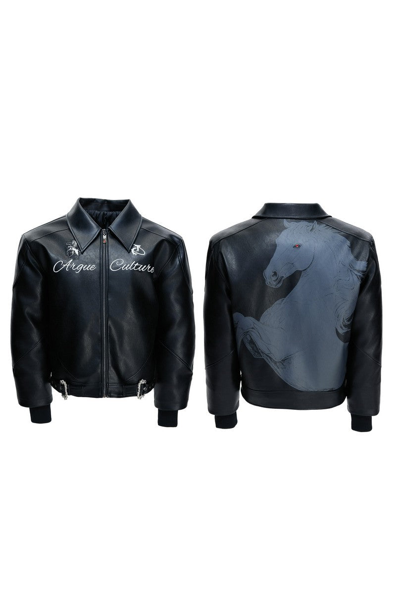 Embroidered Horse Badge Leather Jacket