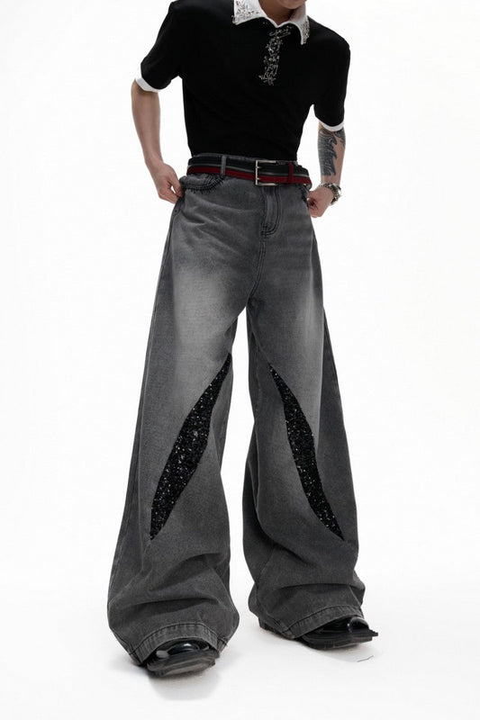 Washed Sequin Straight Jeans