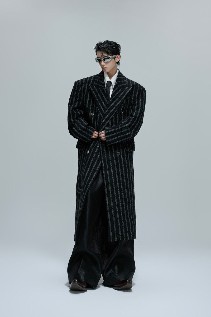 Striped Cinched Wool Overcoat