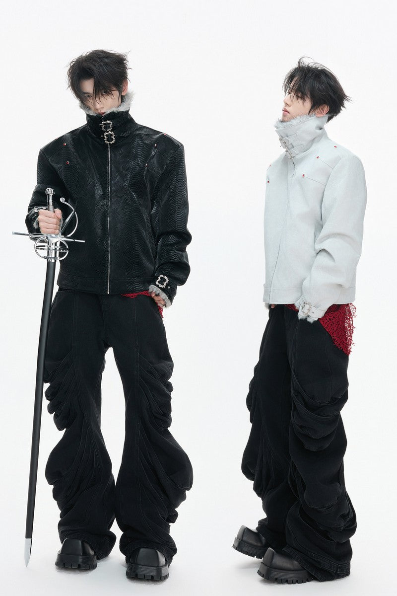 Snake Print Puffer Leather Jacket