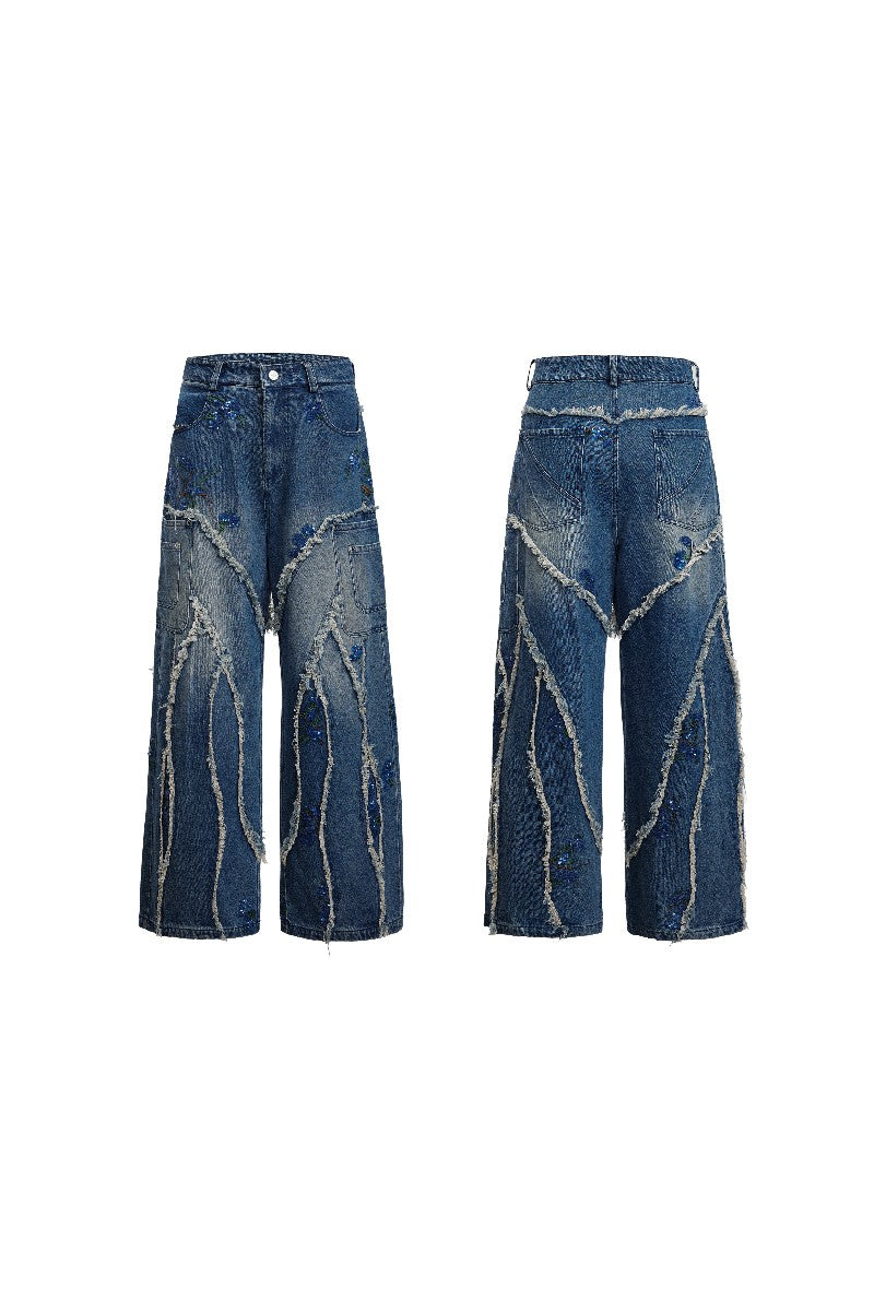 Sequin Trim Wide Leg Jeans