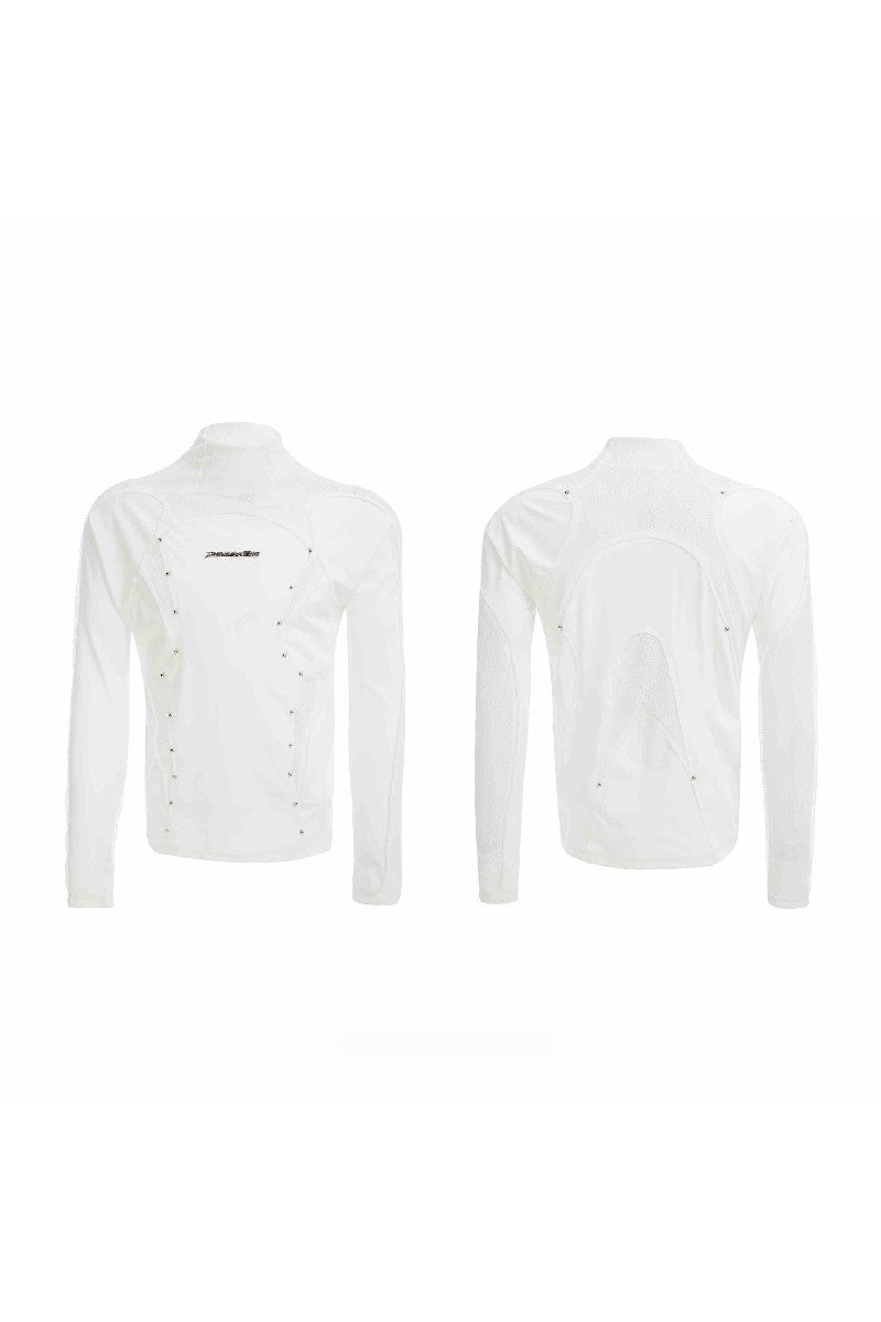 Deconstructed Mesh Panel Studded Turtleneck Tee