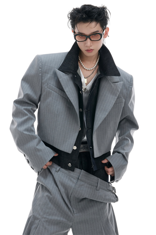 Striped Denim Panel Suit Jacket