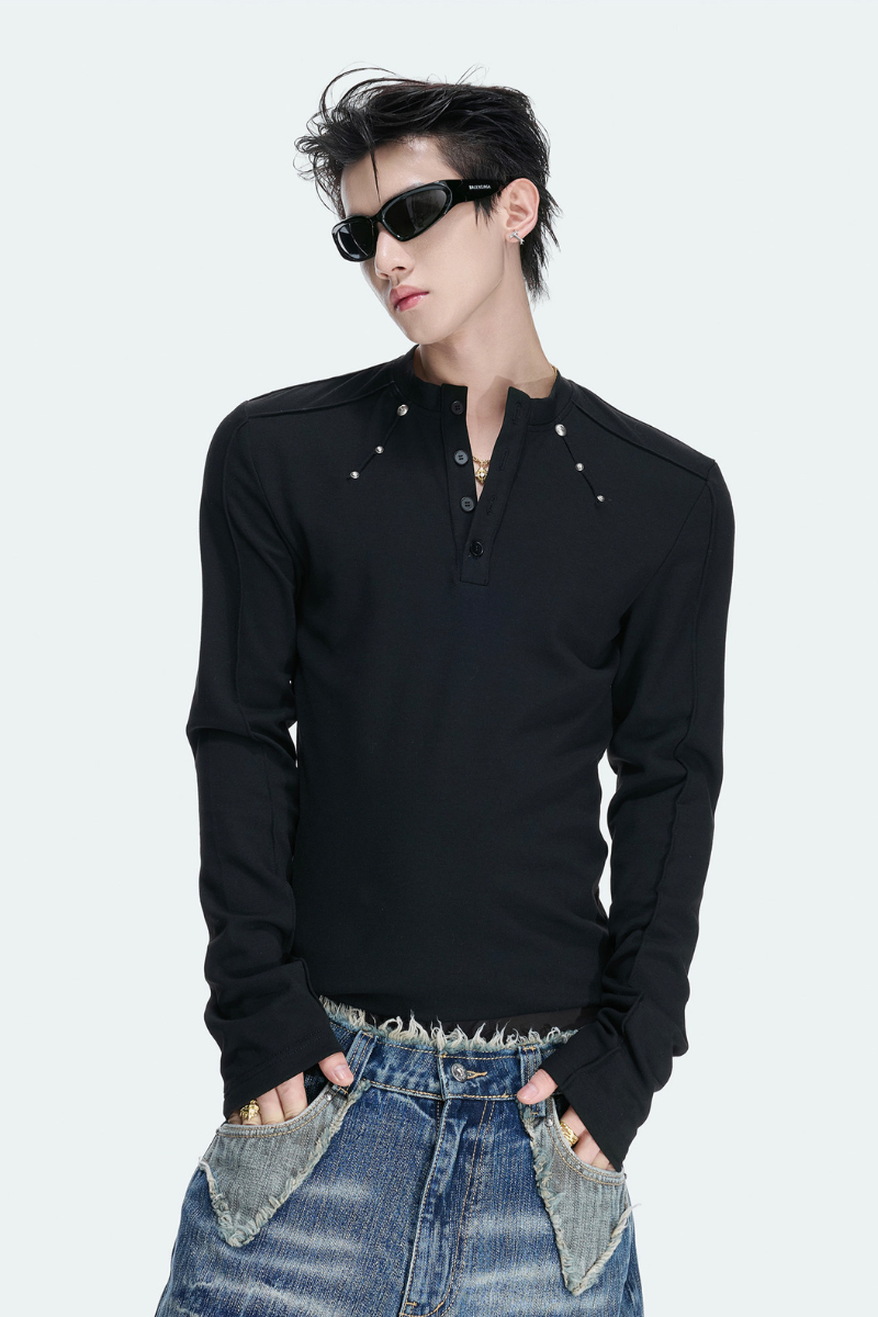 Studded Henley Long Sleeve
