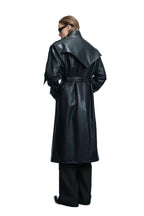 Coin Button Faux Leather Coat, black model back