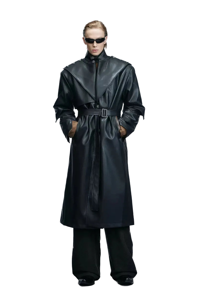 Coin Button Faux Leather Coat, black model