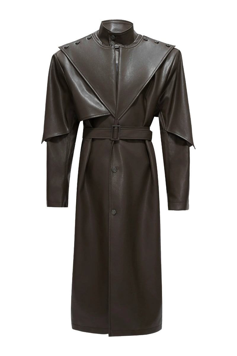Coin Button Faux Leather Coat in Brown, front view