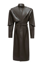 Coin Button Faux Leather Coat in Brown, front view