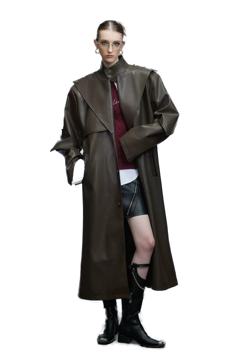 Coin Button Faux Leather Coat, brown model