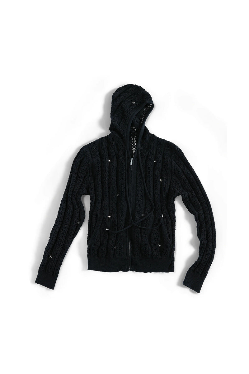 Star Studded Openwork Knit Hoodie