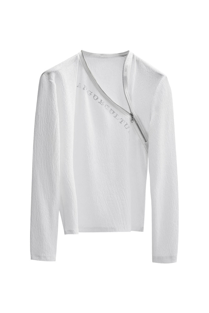 Rhinestone Asymmetric Zip Top