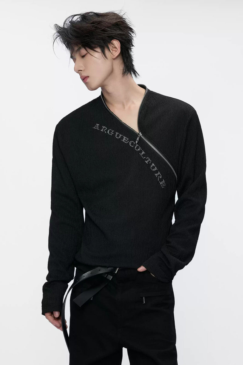 Rhinestone Asymmetric Zip Top