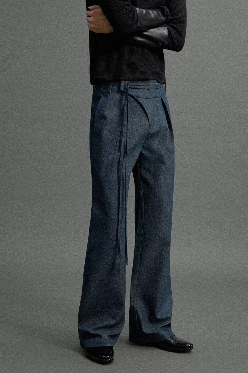 Pleated Drawstring Straight Jeans