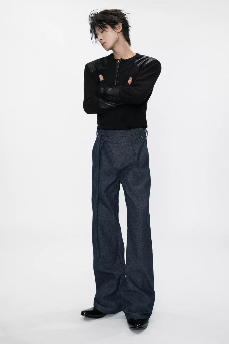 Pleated Drawstring Straight Jeans