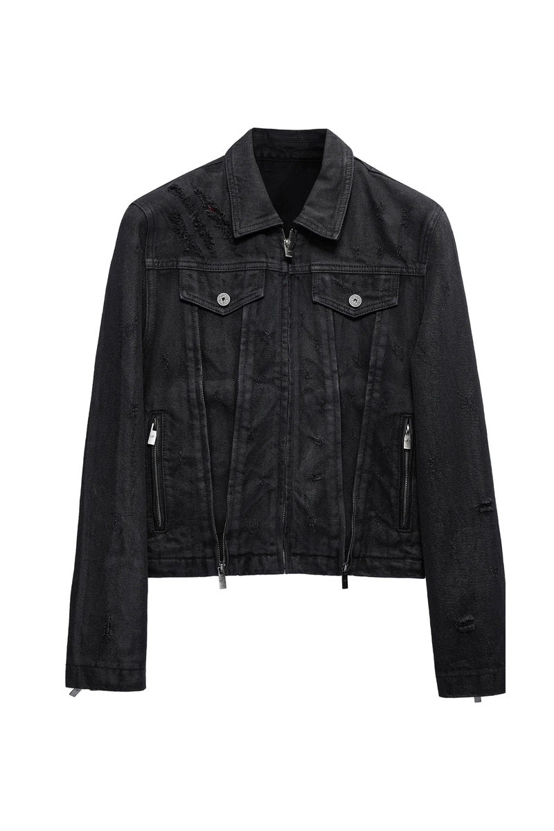Distressed Multi Zip Denim Jacket