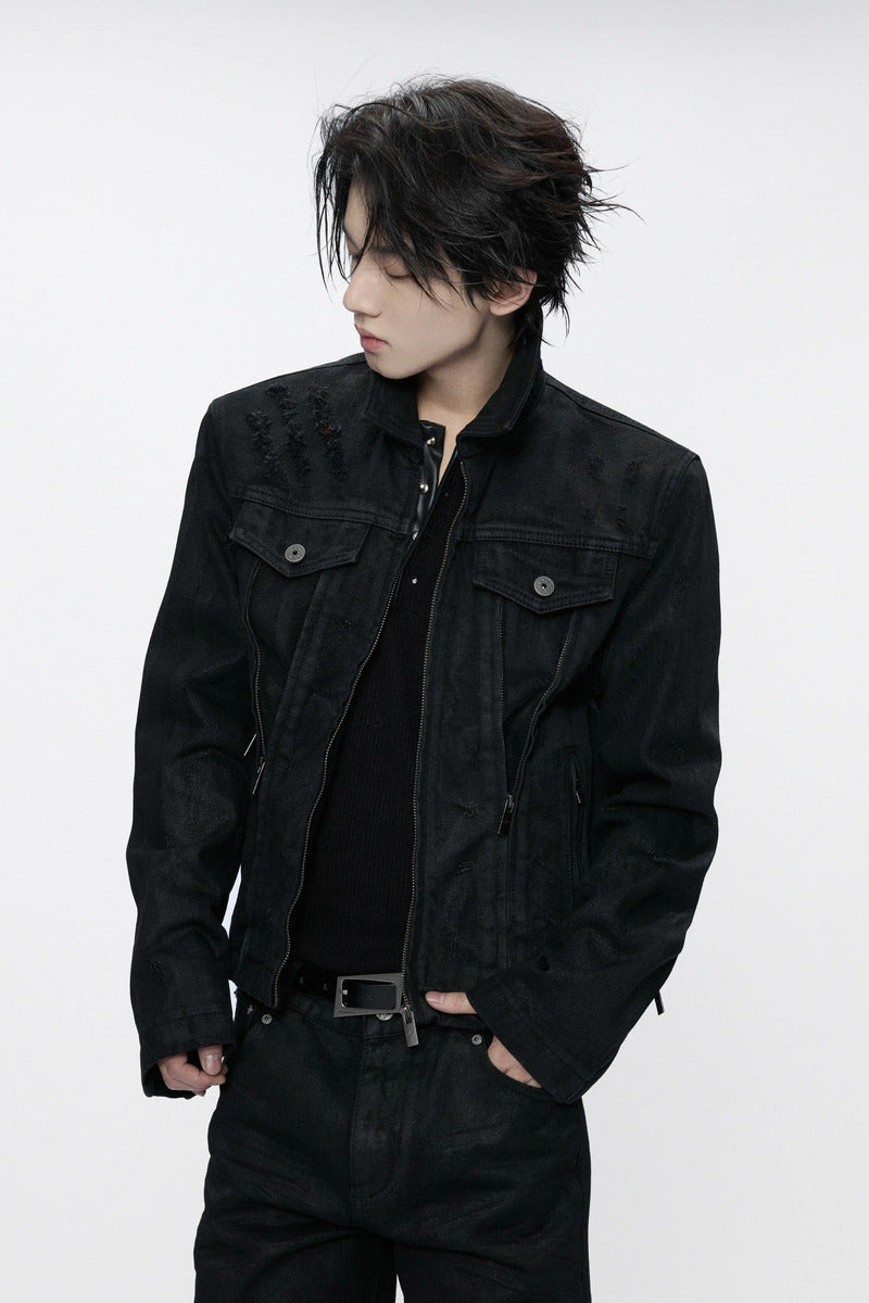 Distressed Multi Zip Denim Jacket