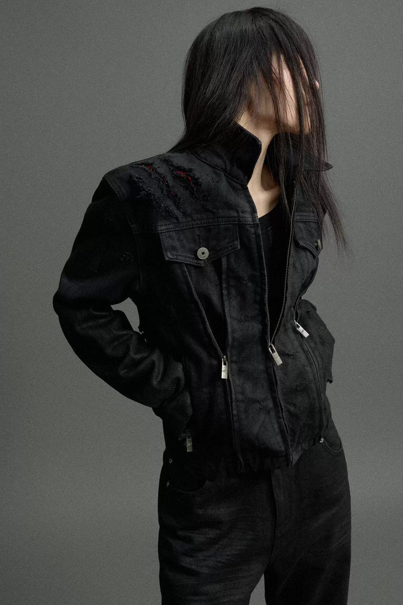 Distressed Multi Zip Denim Jacket