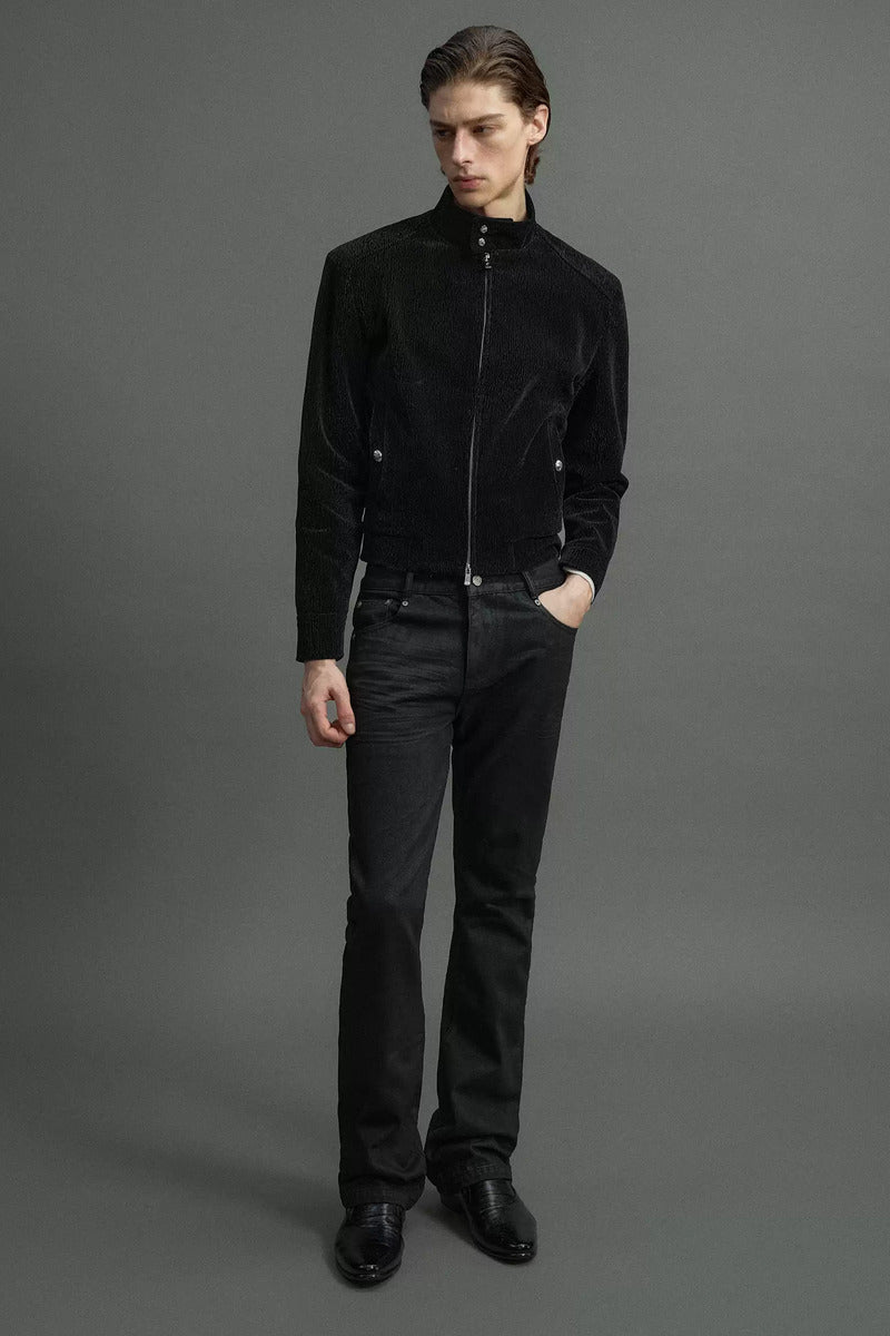 Whiskered Waxed Flared Jeans