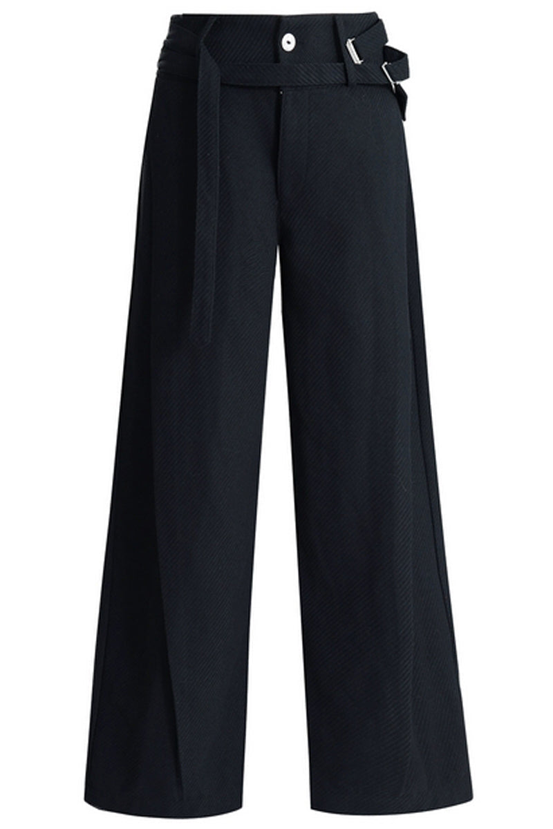 Double-Belt Wool Wide-Leg Trousers