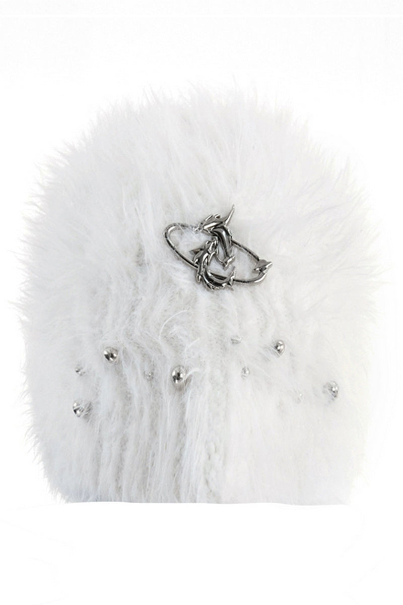 Pearl-Embellished Fuzzy Knit Beanie