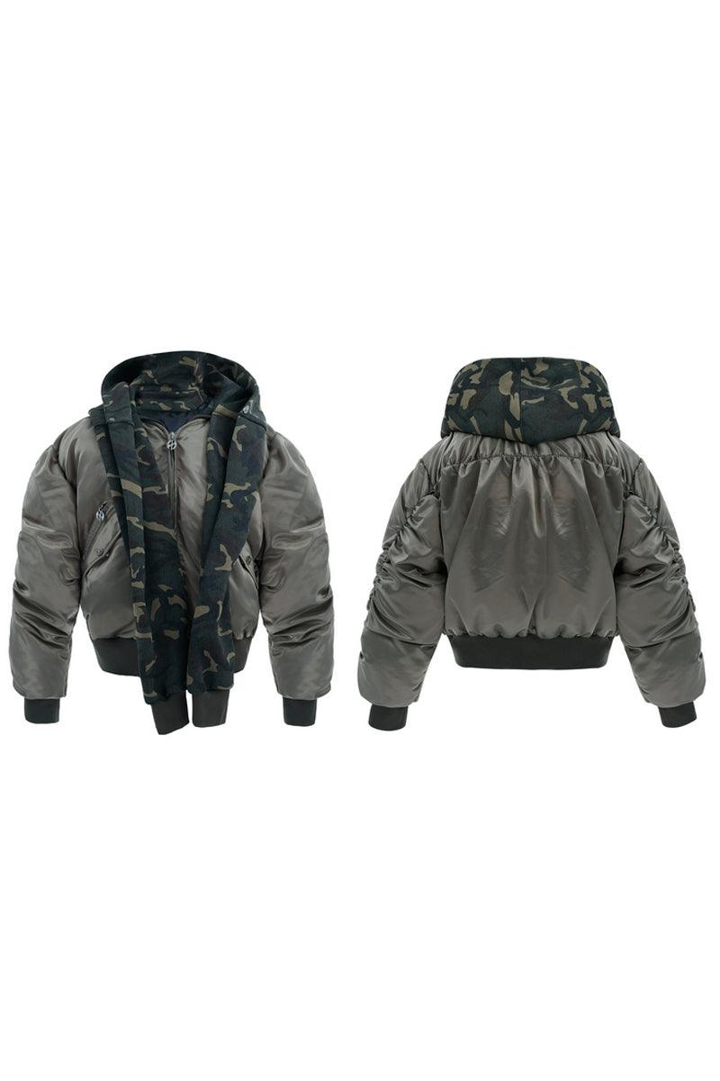 Unique Camo Patchwork Hooded Bomber Jacket