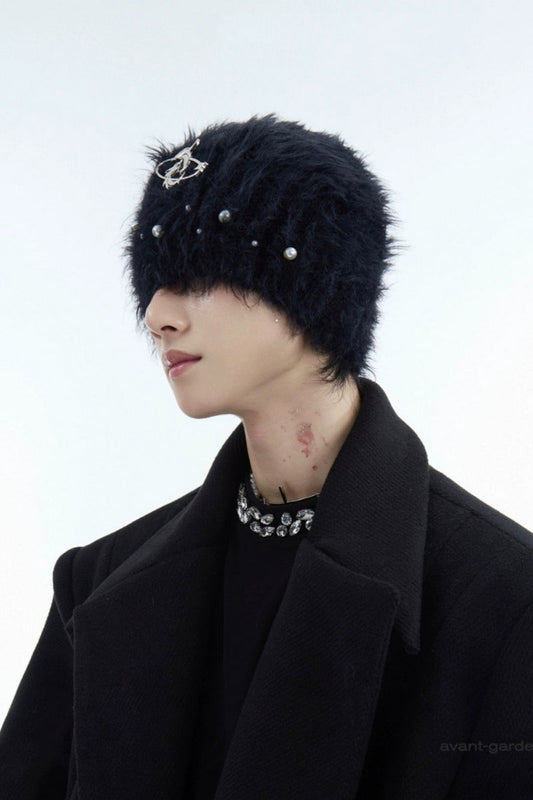 Pearl-Embellished Fuzzy Knit Beanie