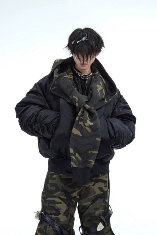 Unique Camo Patchwork Hooded Bomber Jacket