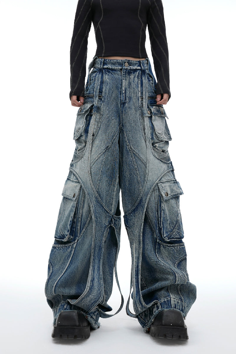 Washed Wide-Leg Cargo Jeans