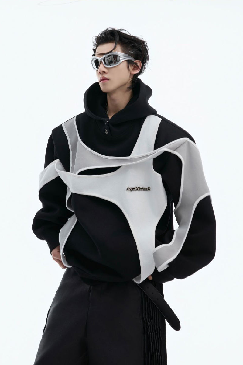 Layered Colorblock Strap Hooded Sweatshirt