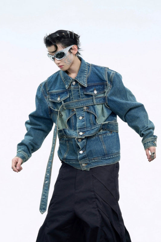 Washed Deconstructed Strap Denim Jacket