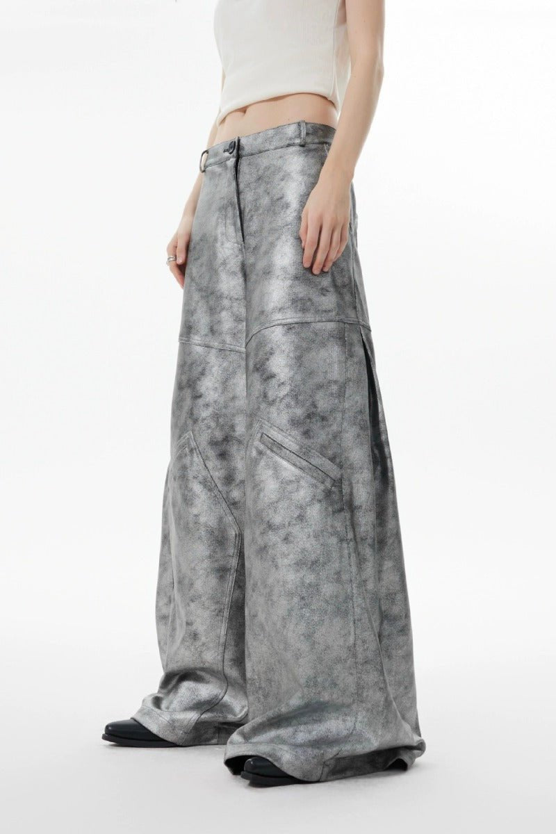 Textured Silver Wide-Leg Leather Pants