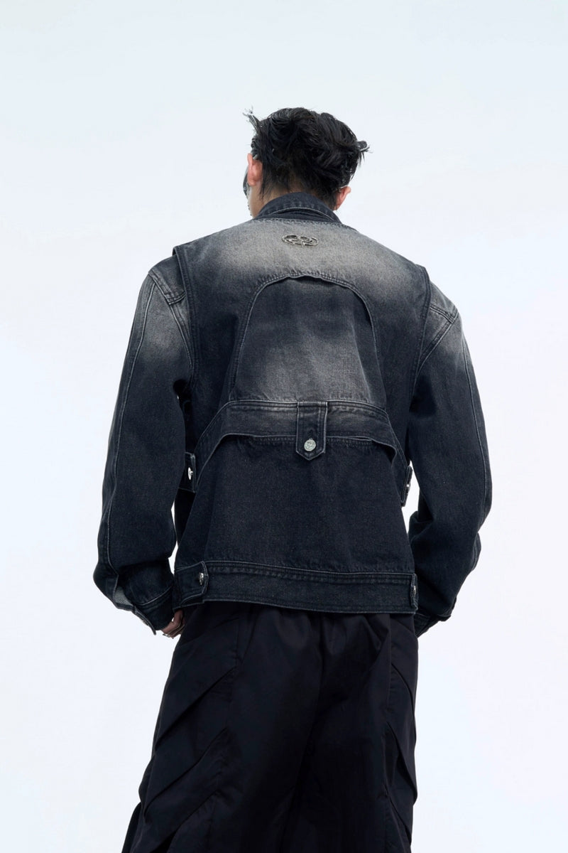 Washed Deconstructed Strap Denim Jacket