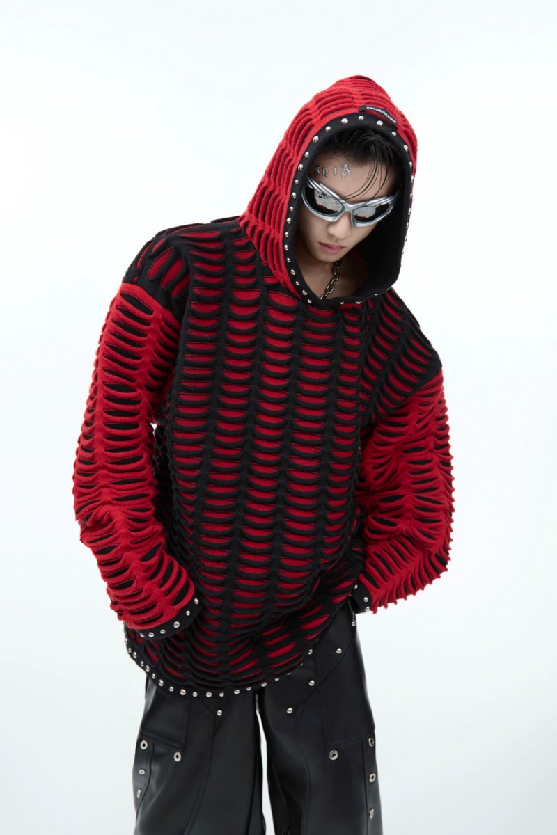 Distressed Patchwork Knit Hoodie with Metal Studs