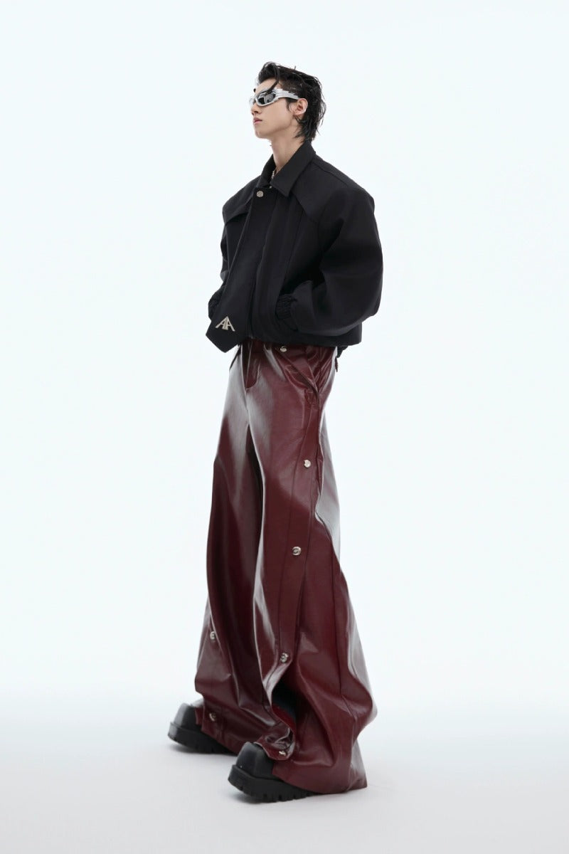 Metal Button Pleated Leather Wide-Leg Pants