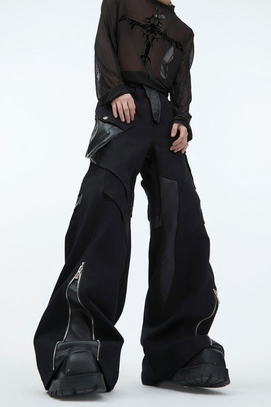 PU Leather Patchwork Cargo Trousers