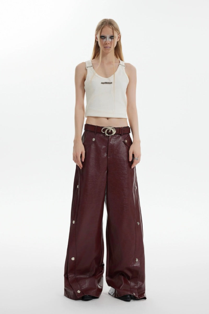 Metal Button Pleated Leather Wide-Leg Pants