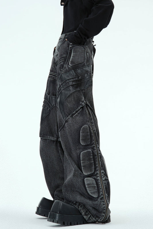 Washed Black PU Patchwork Jeans