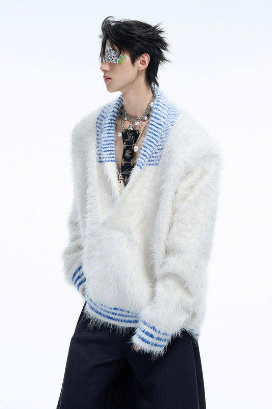 V-Neck Colorblock Fuzzy Knit Sweater