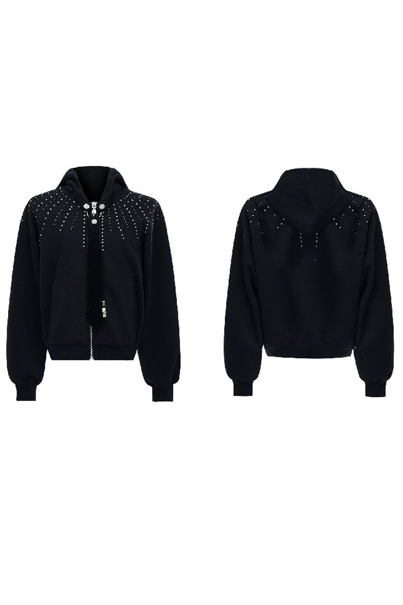 Detachable Tie Rhinestone Hooded Sweatshirt