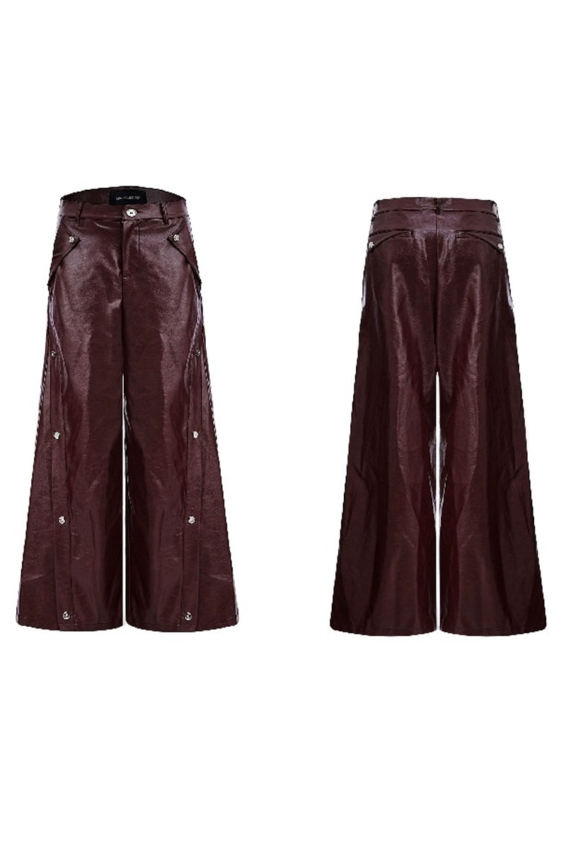 Metal Button Pleated Leather Wide-Leg Pants